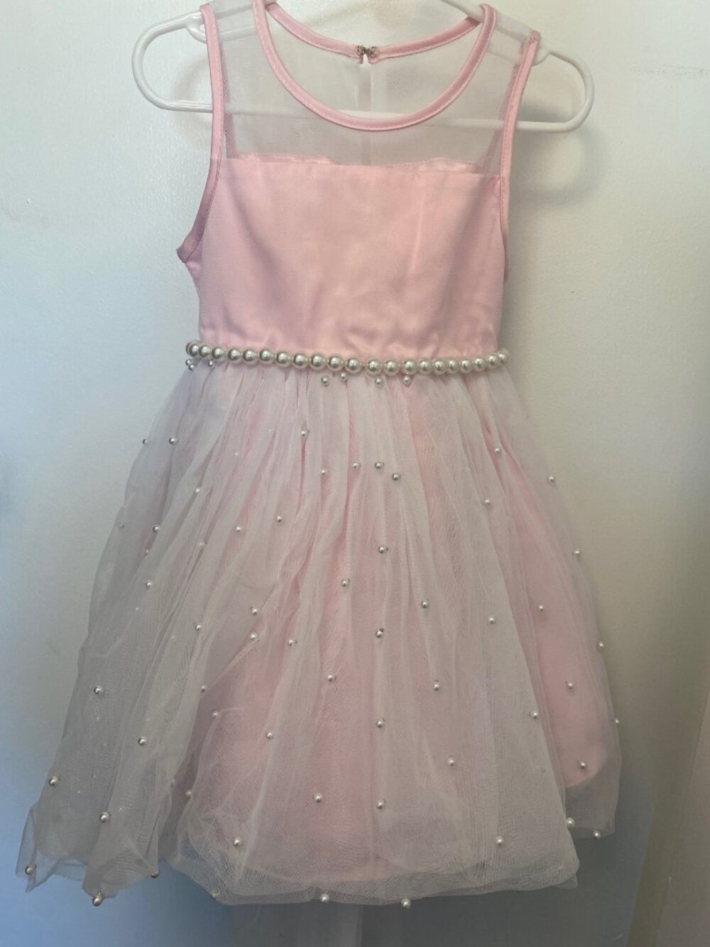 American Princess, Pink Party Dress with Tulle and Faux Pearl Details - Size 5T
